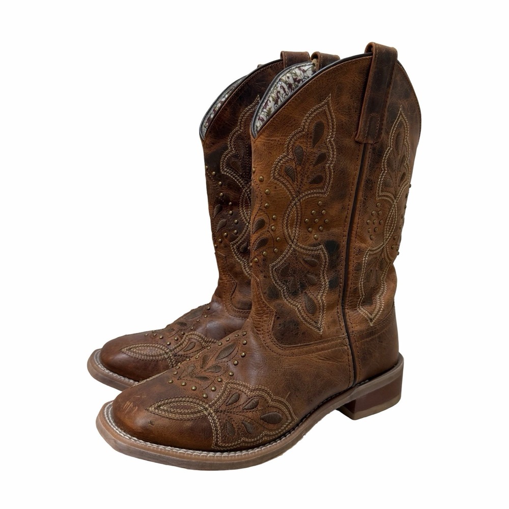Laredo DIONNE 11" Square Toe Leather Western Boots Womens US 8.5 Camel Country